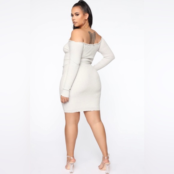 Jacklyn Off Shoulder Mini Long Sleeve Dress Cream /Oatmeal New With Tags Fashion - Picture 2 of 4